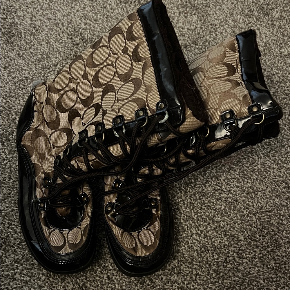 Coach Khaki Signature Lace-Up Platform Boots with Black Patent Trim